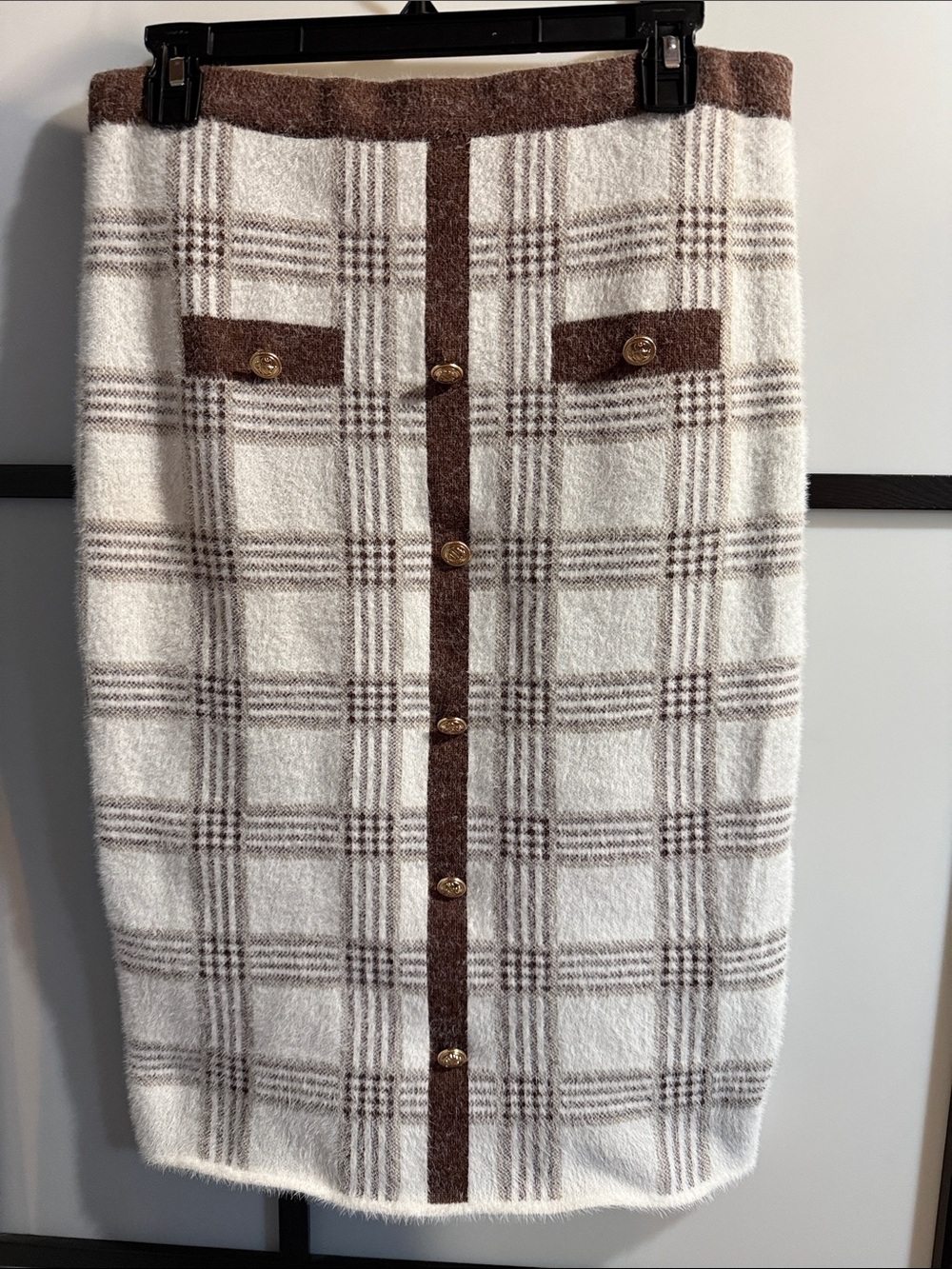 Cream and Brown Plaid Button-Front Pencil Skirt